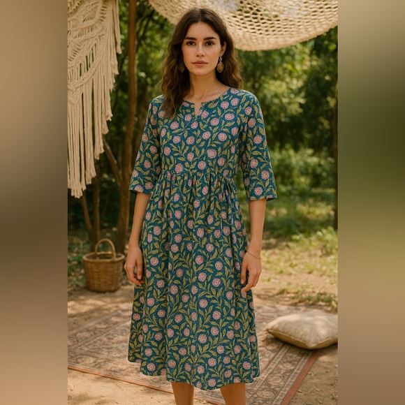 Handmade New Indian Cotton Bohemian Hand Block Floral Midi Dress Drawstring XL - Picture 1 of 10